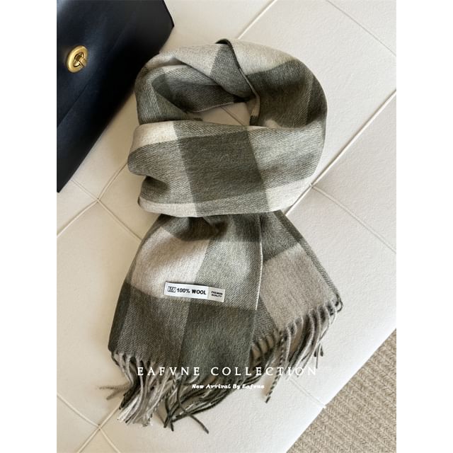 Wool Lettering Plaid Applique Fringed Scarf