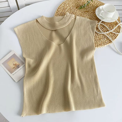 Sleeveless Mock Neck Plain Cutout Ribbed Knit Top