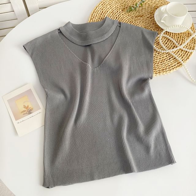 Sleeveless Mock Neck Plain Cutout Ribbed Knit Top