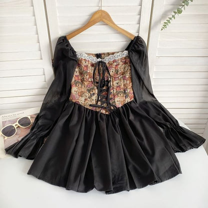 Long-Sleeve Square Neck Bear Patterned Lace Up Panel Mini A-Line Dress