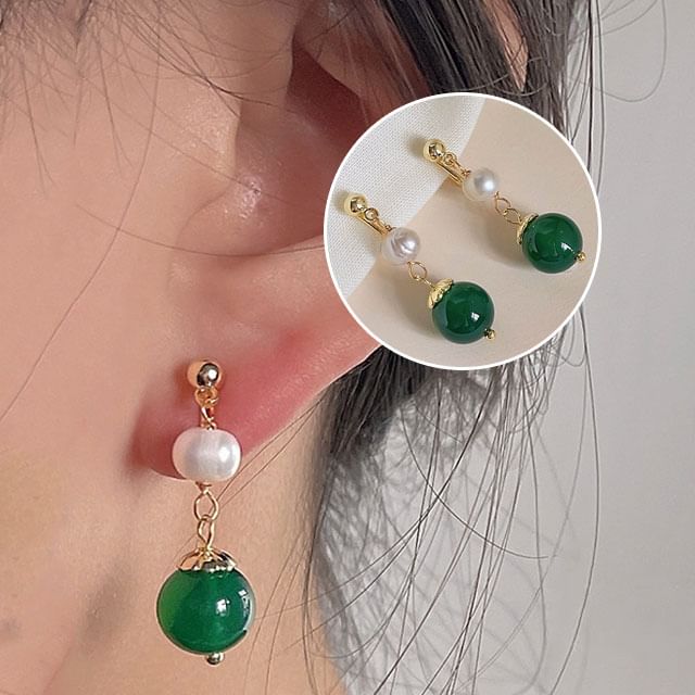 Faux Clip-On Drop Gemstone Earring Pearl