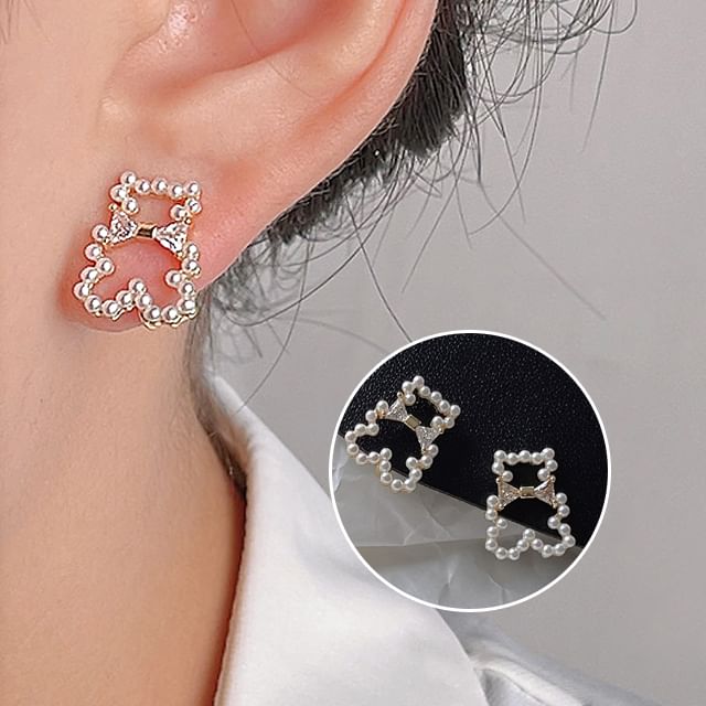 Pearl Faux Bear Rhinestone Earring Clip-On