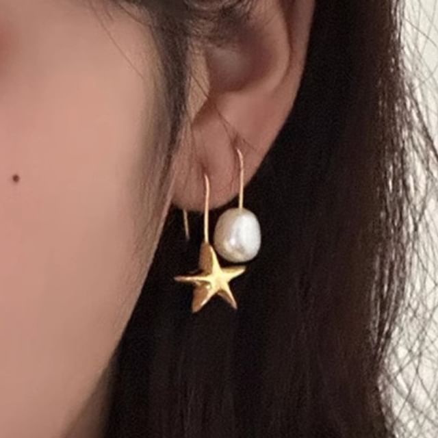 Star Faux Pearl Asymmetrical Alloy Drop Earring