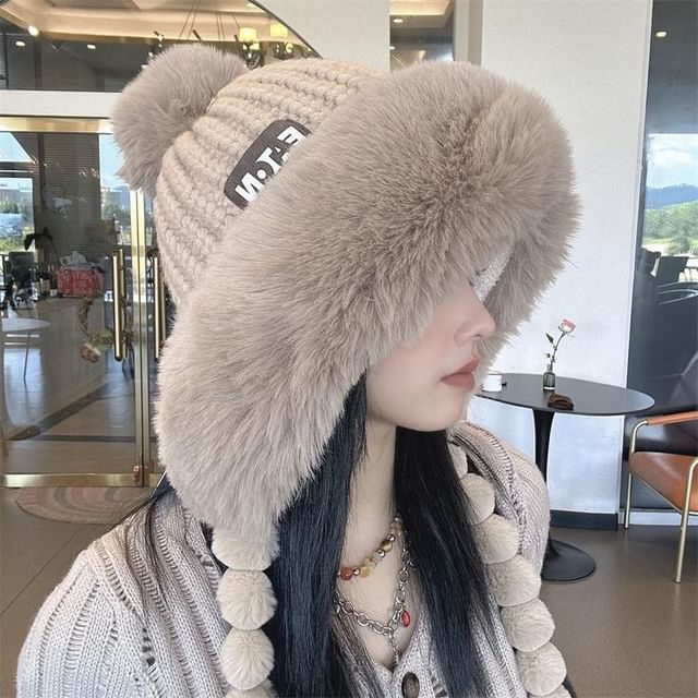 Faux Applique Trapper Hat Knit Lettering Fur