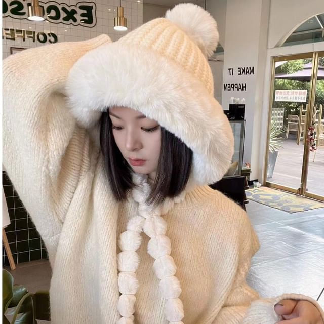 Faux Applique Trapper Hat Knit Lettering Fur