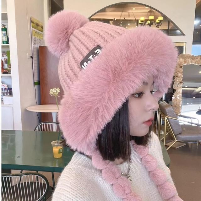 Faux Applique Trapper Hat Knit Lettering Fur