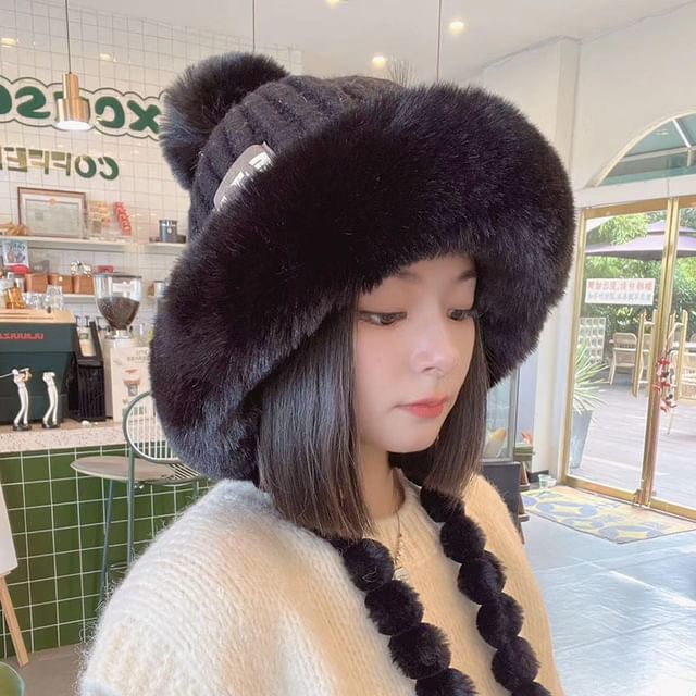 Faux Applique Trapper Hat Knit Lettering Fur