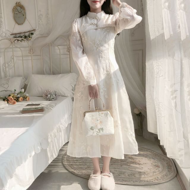 Long-Sleeve Band Collared Embroidered Midi A-Line Dress