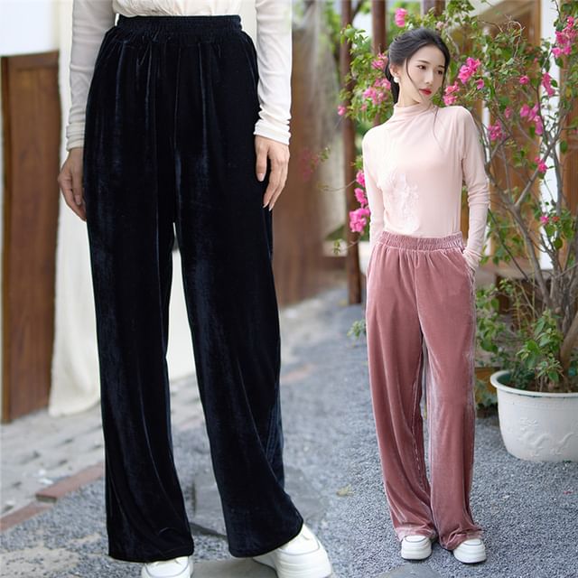 High Waist Velvet Wide Leg Pants