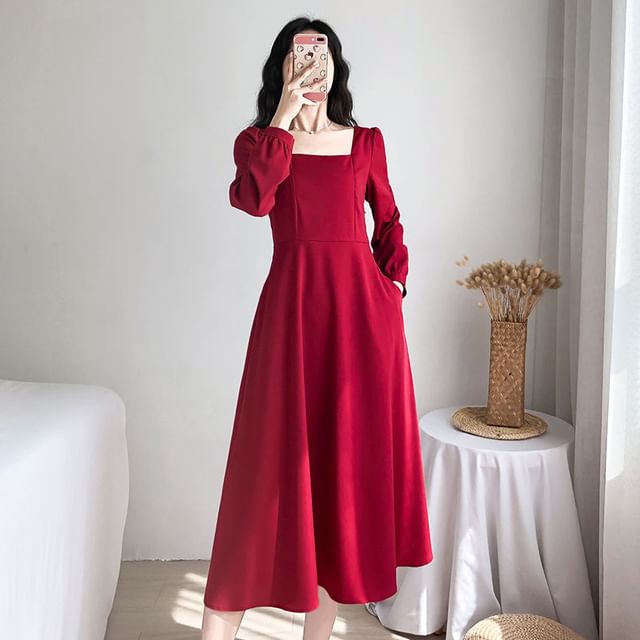 Midi A-Line Square Neck Dress Plain Long-Sleeve