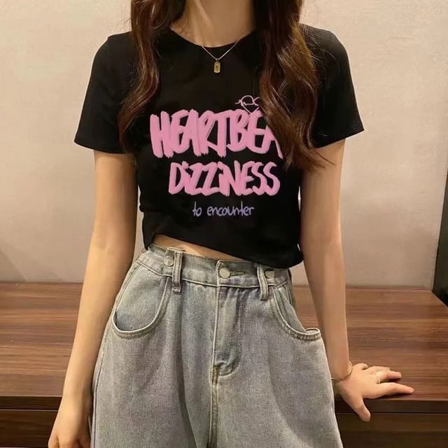 Crew Short-Sleeve Neck Lettering Print T-Shirt Crop