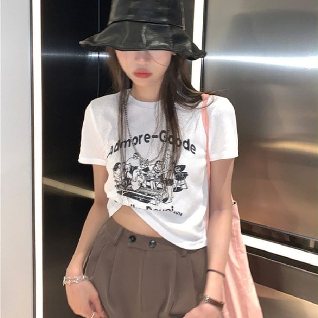 Lettering Print Crew T-Shirt Crop Short-Sleeve Neck