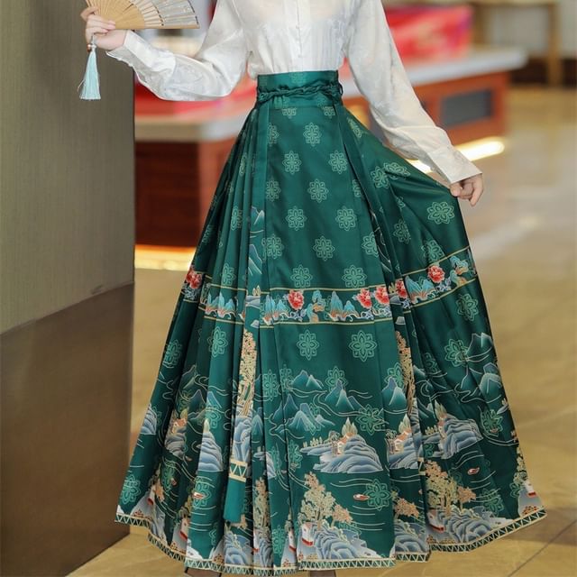 High Waist Mountain Print Maxi Ma Mian Skirt / Floral Shirt / Set