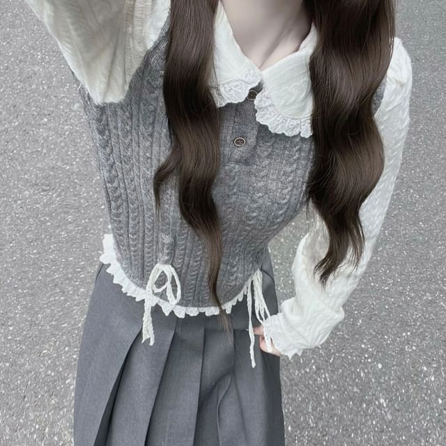 / Top Mock Two-Piece Buttoned Half Long-Sleeve Pleated Skirt Knit
