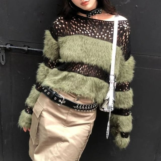 Boatneck Top Knit Perforated Long-Sleeve