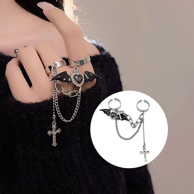 Heart Bat Alloy Double Wing Cross Ring