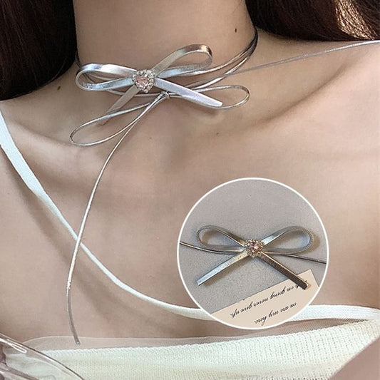 Heart Ribbon Choker Leather Faux Rhinestone