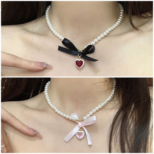 Ribbon Faux Choker Heart Pendant Pearl