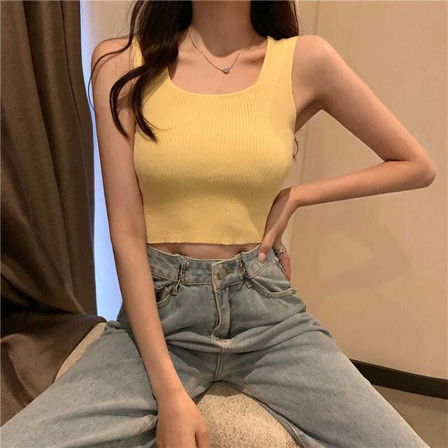 Top Plain Square Tank Neck Ribbed Knit