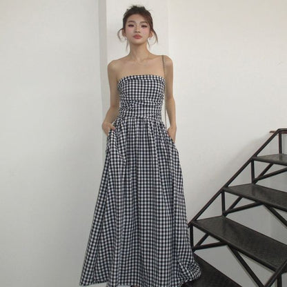 Plaid Ruched Maxi A-Line Tube Dress