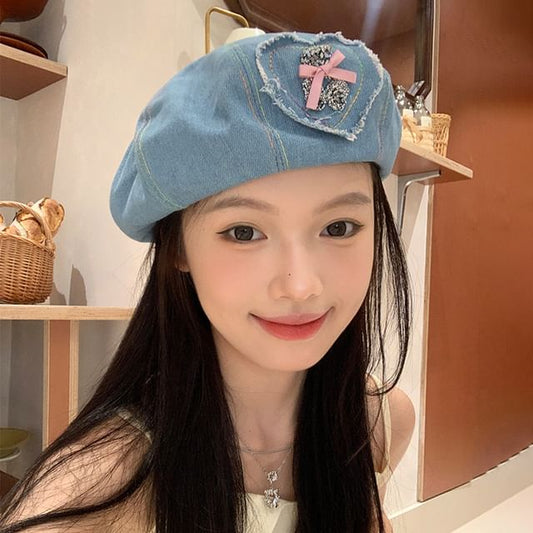 Rhinestone Bow Beret Denim Applique Heart