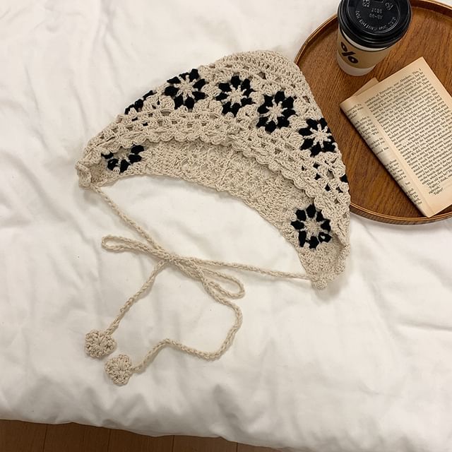 Knit Floral Crochet Bonnet Hat