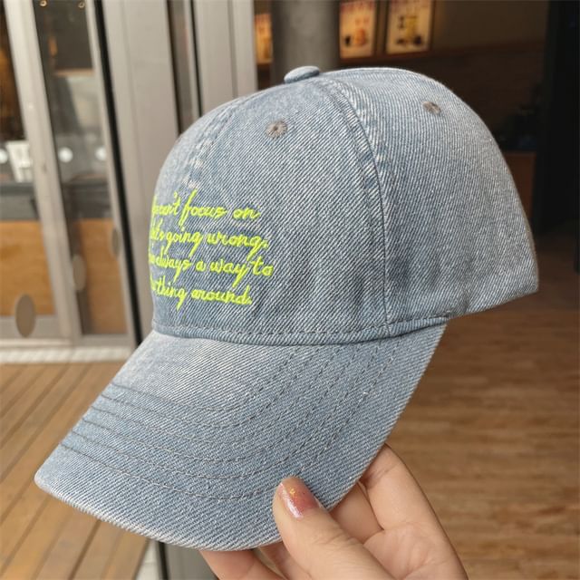 Lettering Washed Embroidered Baseball Denim Cap