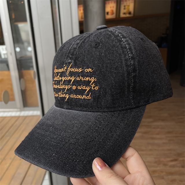Lettering Washed Embroidered Baseball Denim Cap