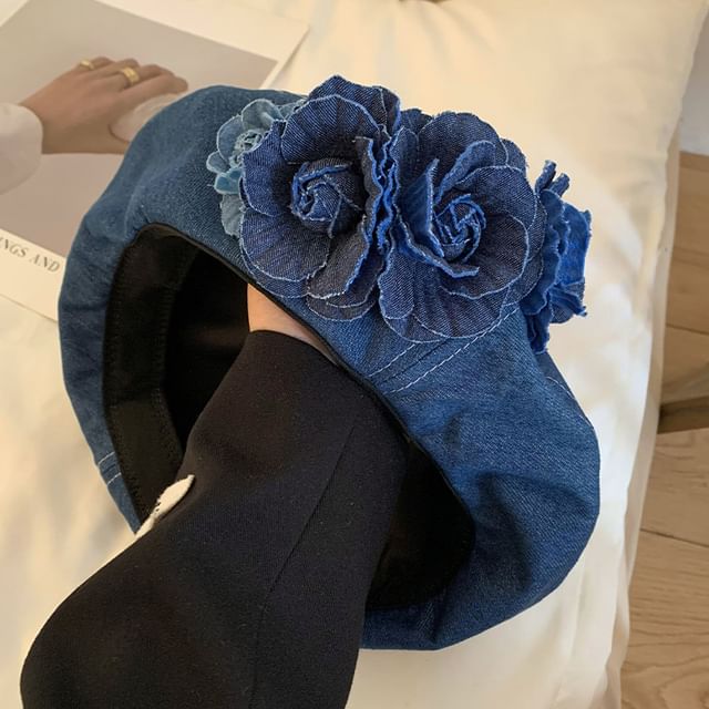 Beret Floral Accent Denim