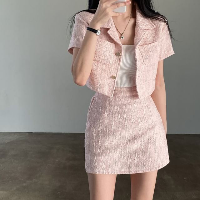 Set: Short-Sleeve Light Tweed Button-Up Shirt + High Waist Mini Pencil Skirt