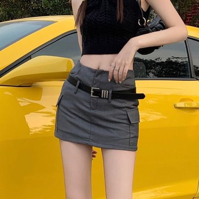 Belted Mini Pencil Skirt Set in Solid Tone