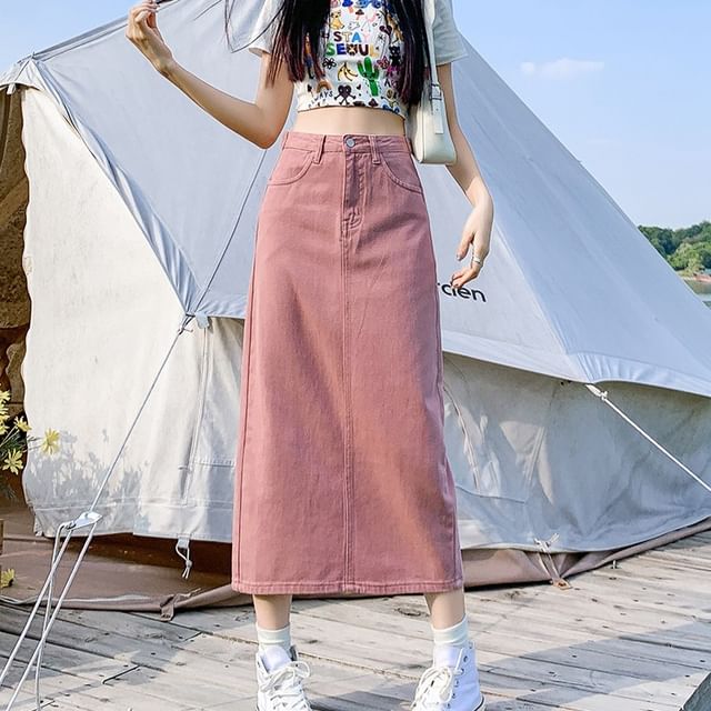 Denim Straight Skirt with Slit and High Waist