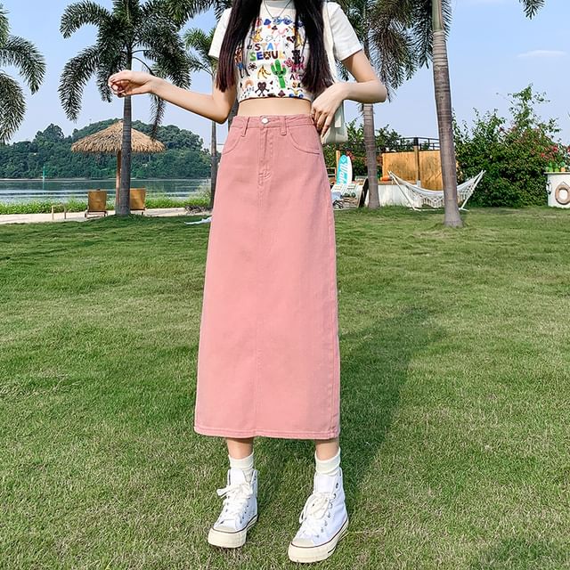 Denim Straight Skirt with Slit and High Waist