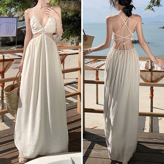 Spaghetti Plain Cutout V-Neck Dress A-Line Maxi Strap
