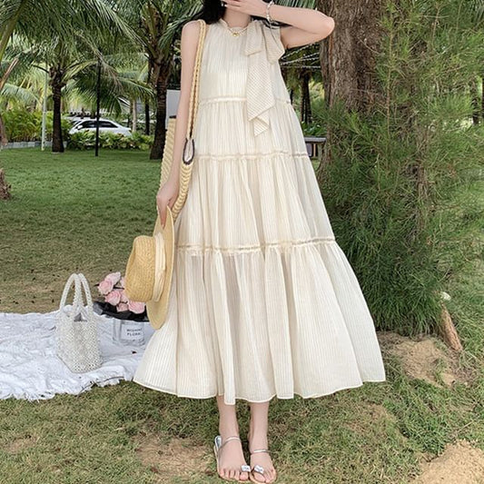 Dress A-Line Midi Crewneck Plain Sleeveless