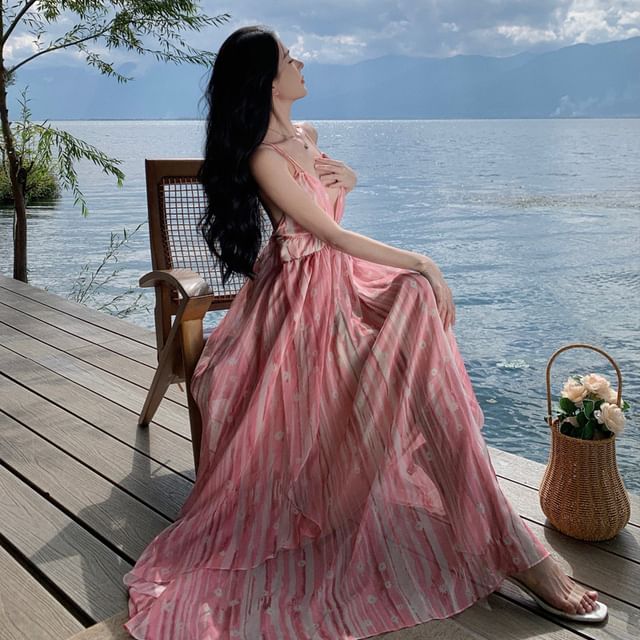 Floral Strap Dress Spaghetti Print Maxi V-Neck A-Line