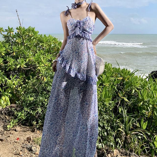 Midi Dress A-Line Strap Floral Spaghetti Print