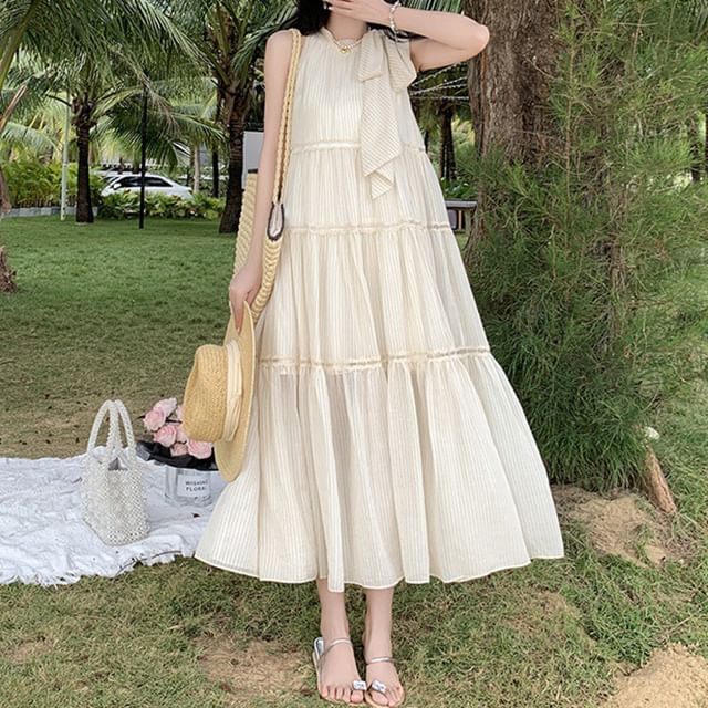 Dress A-Line Midi Crewneck Plain Sleeveless