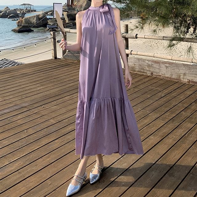 Crewneck A-Line Plain Maxi Sleeveless Dress