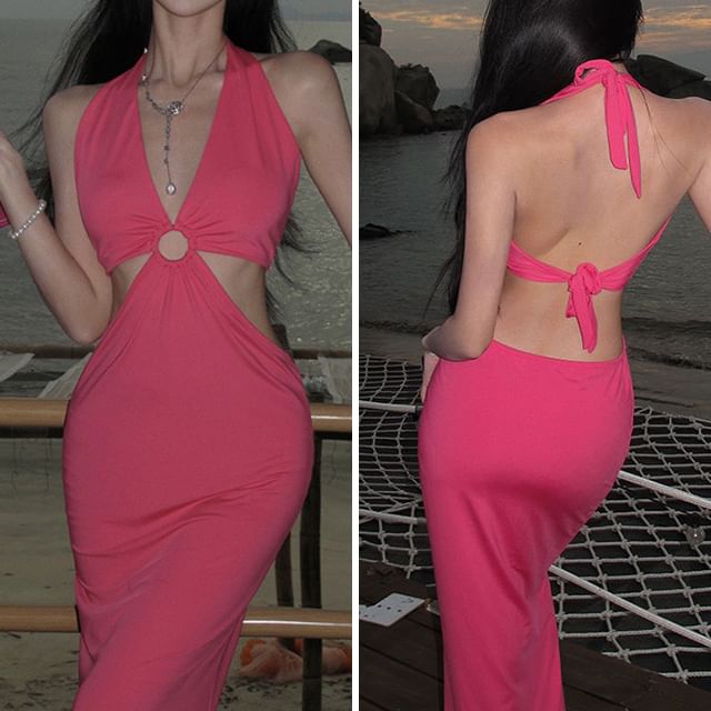 Plain Neck Midi Dress Halter Cutout Bodycon