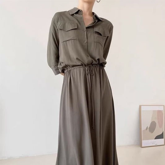 Long-Sleeve Collared Plain Drawstring Waist Maxi A-Line Shirt Dress