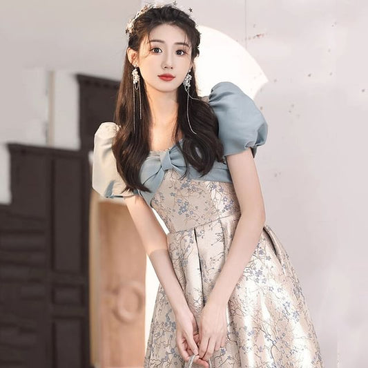 Gown Evening Puff-Sleeve A-Line Floral