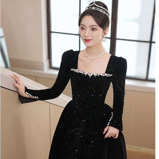 Square A-Line Gown Evening Long-Sleeve Neck Sequin