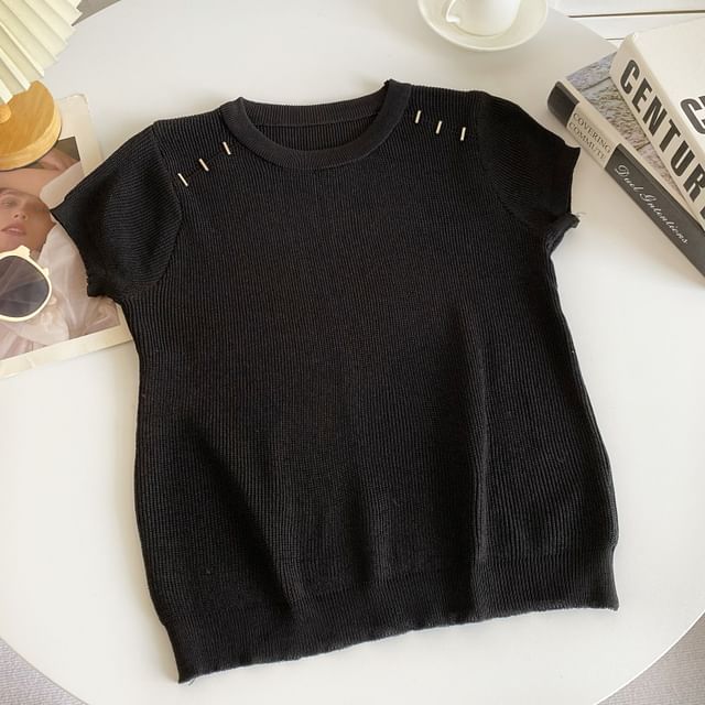 Short-Sleeve Crewneck Plain Knit Top