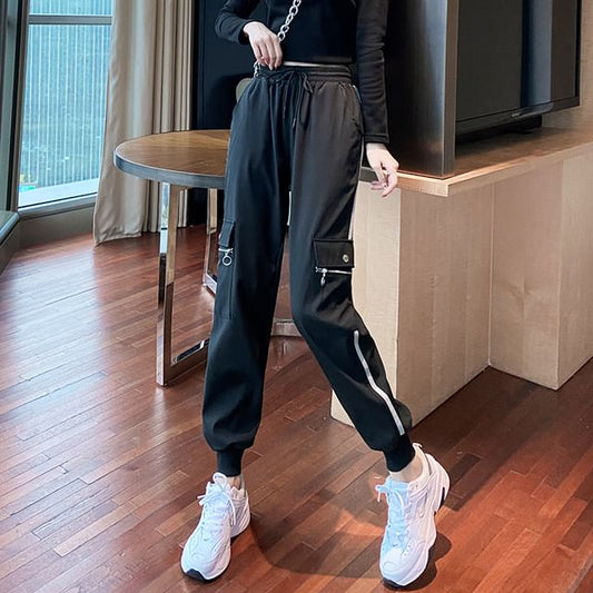 Drawstring Waist Striped Harem Cargo Pants