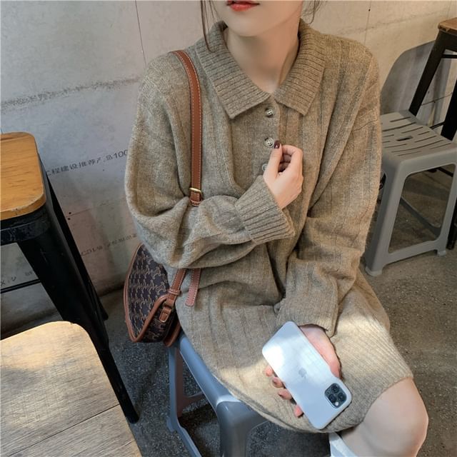Mini Dress Long-Sleeve Sweater Polo-Neck Plain