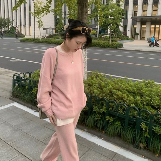Long-Sleeve Neck T-Shirt Leg Set: + Two-Tone Pants Wide Waist High Crew