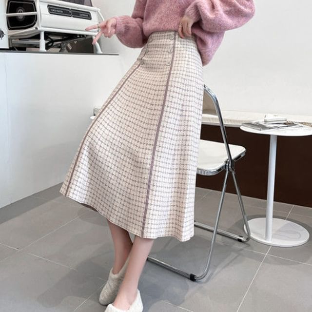 High Midi Knit A-Line Skirt Plaid Waist