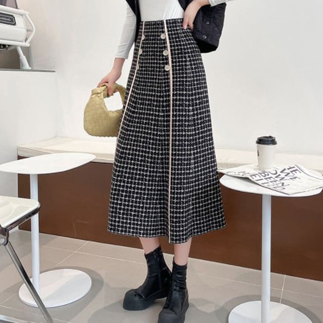 High Midi Knit A-Line Skirt Plaid Waist
