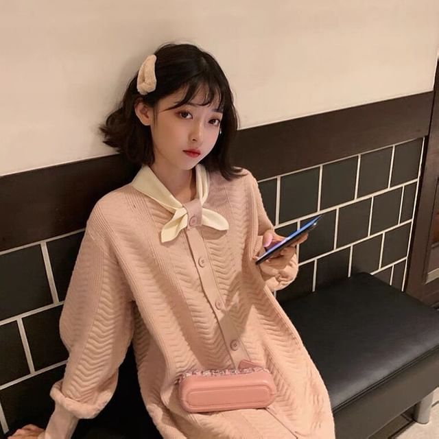 Midi Tie-Neck Plain Dress Knit Puff-Sleeve Button-Up